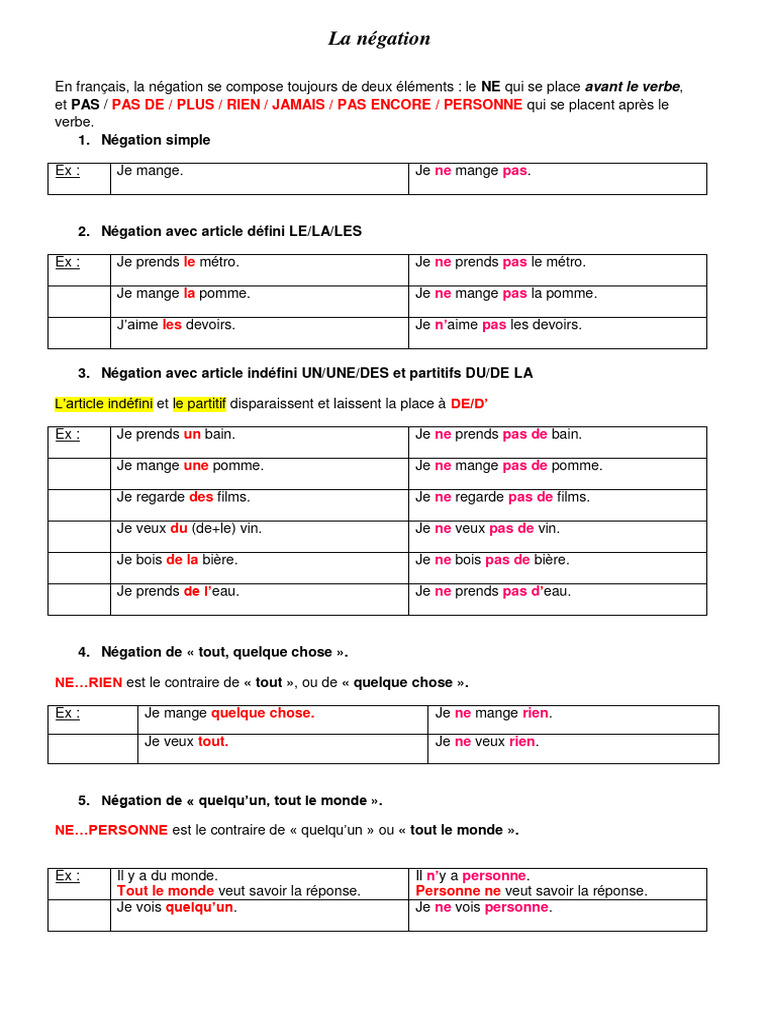 La-Negation | PDF | Sujet (Grammaire) | Verbe