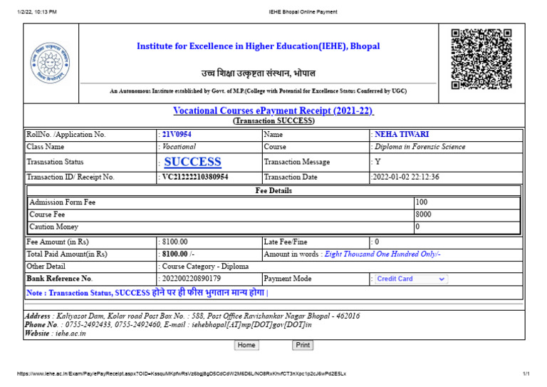 IEHE Bhopal Online Payment PDF Payments Fee