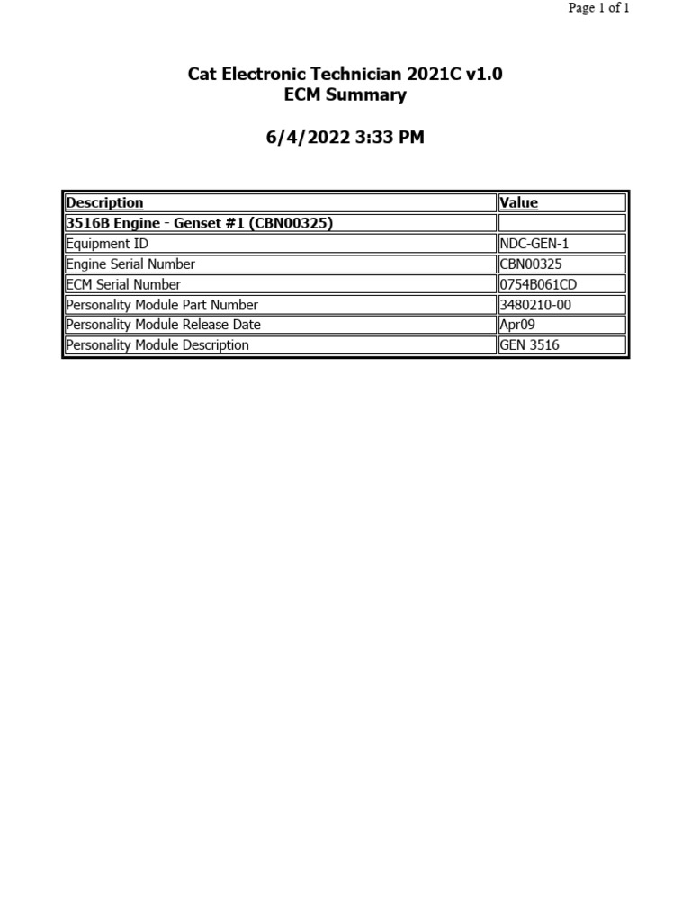 ECM Report for Genset #1 | PDF | Technology & Engineering