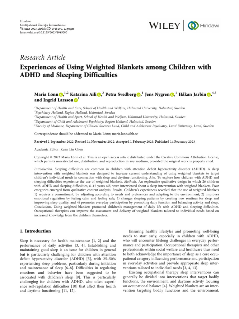 Research Article Experiences of Using Weighted Blankets Among Children