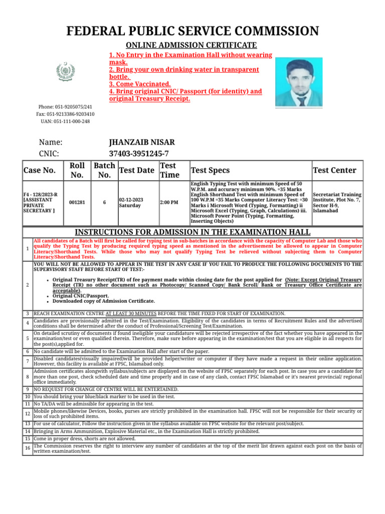 FPSC Admission Guidelines for Candidates | PDF