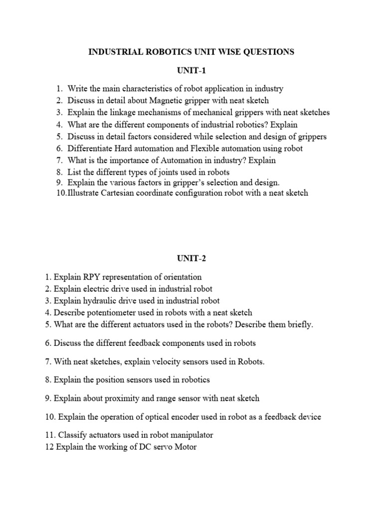 Industrial Robotics Unit Questions | PDF | Kinematics | Cartesian ...