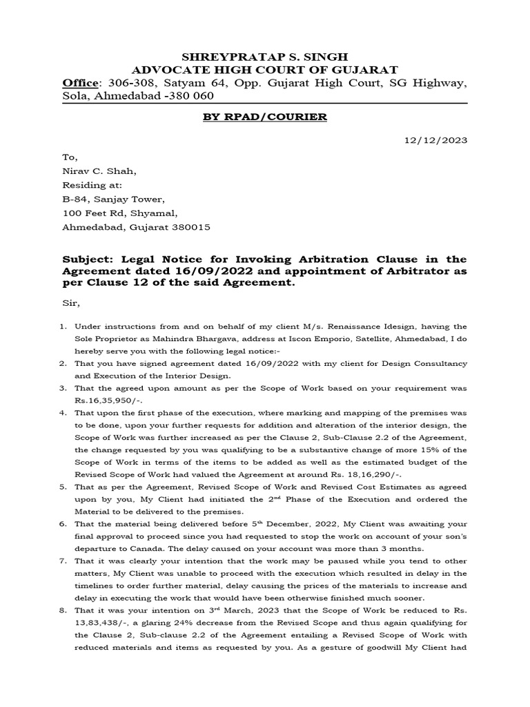 Arb Notice - Idesign-Nirav Shah | PDF | Arbitration | Justice