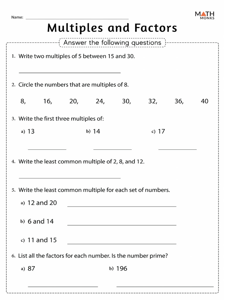 Multiples and Factors Worksheet for Class 5 PDF