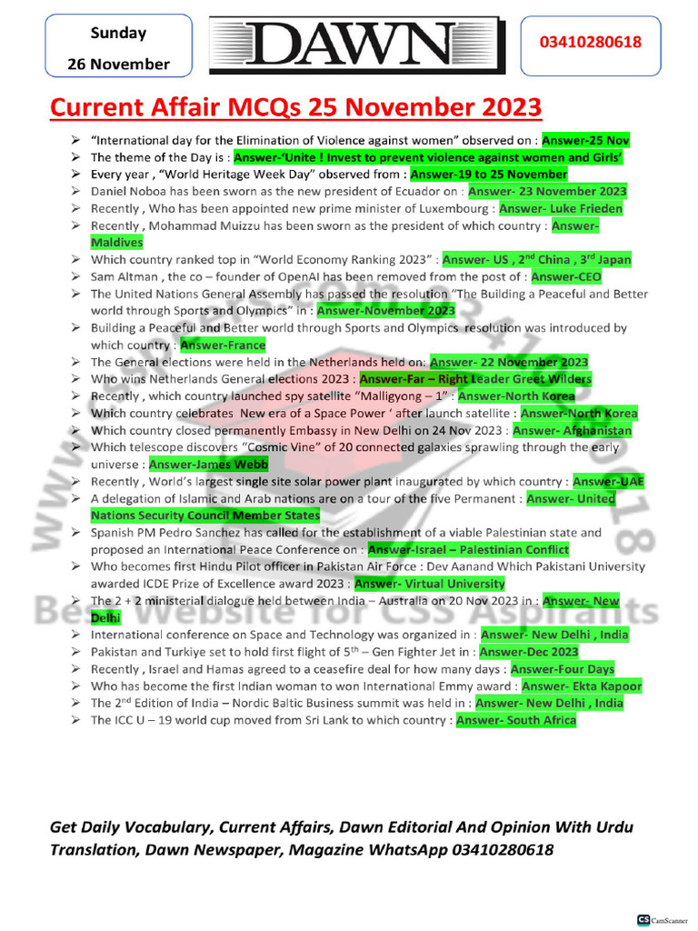 Nov 25 Current Affair MCQs PDF