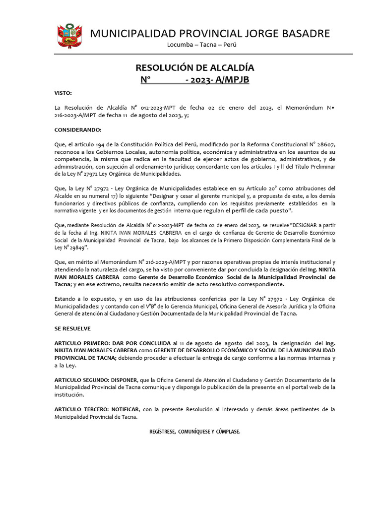 Cese de Gerente en Municipalidad de Tacna | PDF | Gobierno local ...