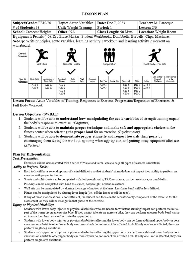 weight training lesson plan 2 PDF Strength Training Weight Training