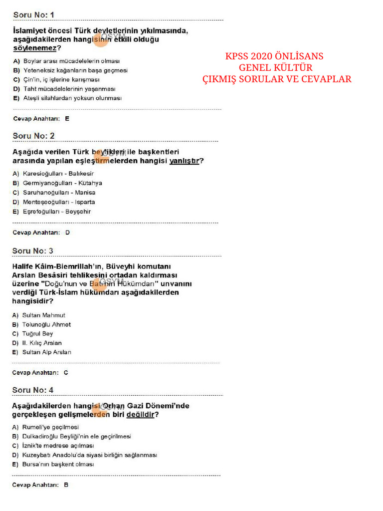 KPSS Önlisans Çıkmış Sorular PDF