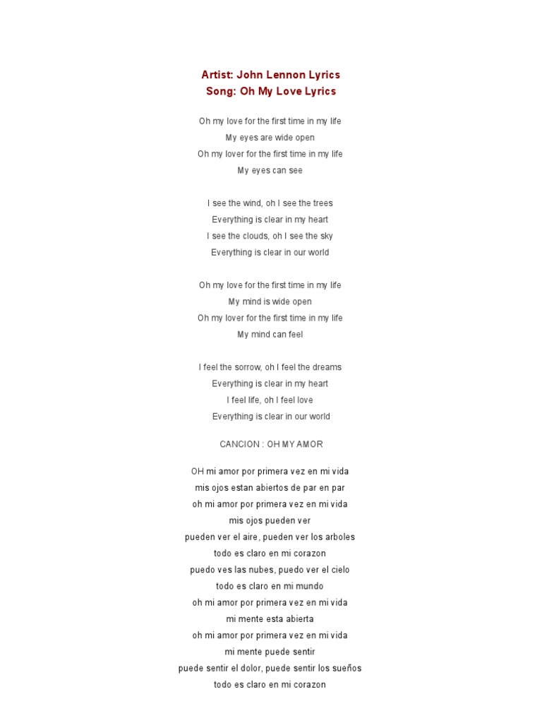 John Lennon Oh My Love Oh Mi Amor Letras Traducidas Pdf