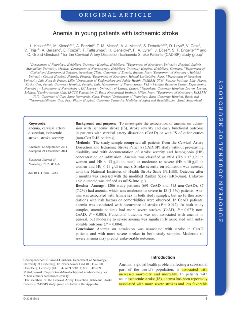 Anemia in Young Patients With Ischaemic Stroke2015 | PDF | Stroke ...