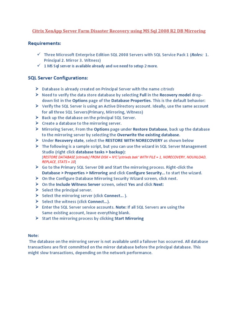 Citrix XenApp Server Farm Disaster Recovery Using MS SQL 2008 R2 DB