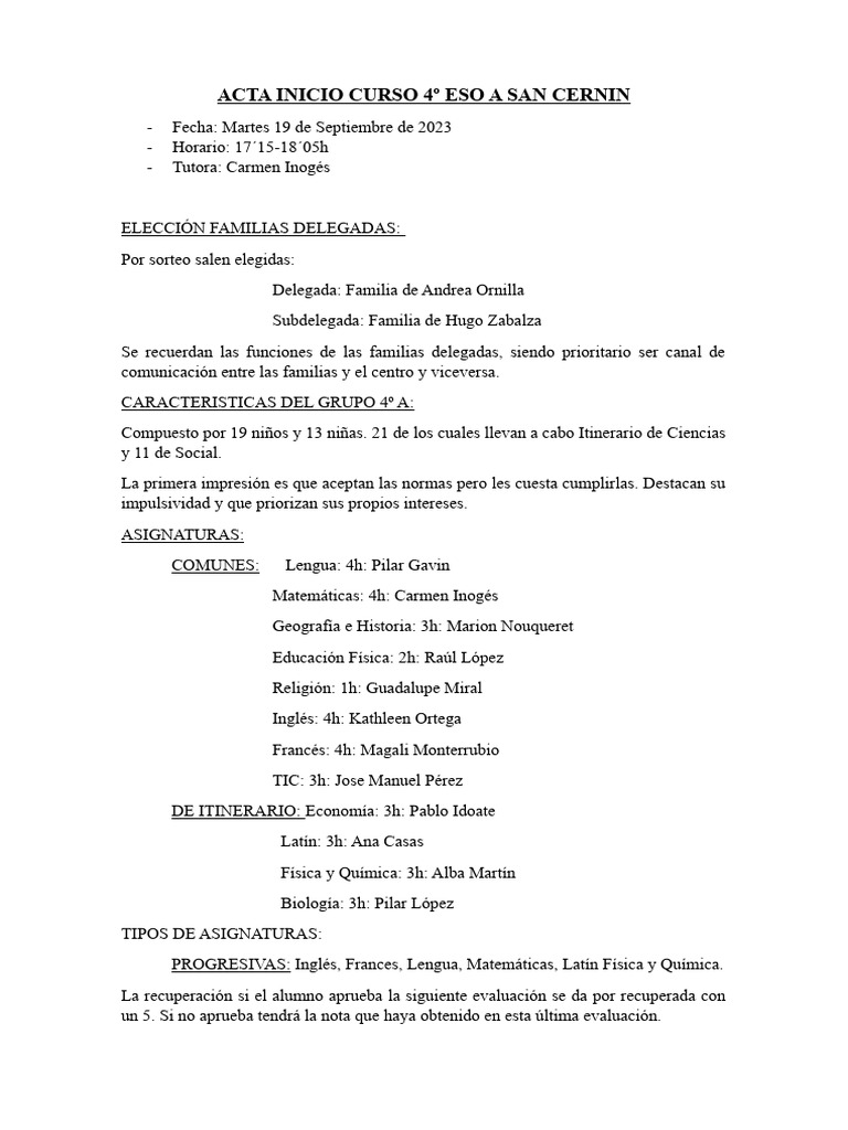 Acta de Inicio de Curso 4º ESO A | PDF | Evaluación