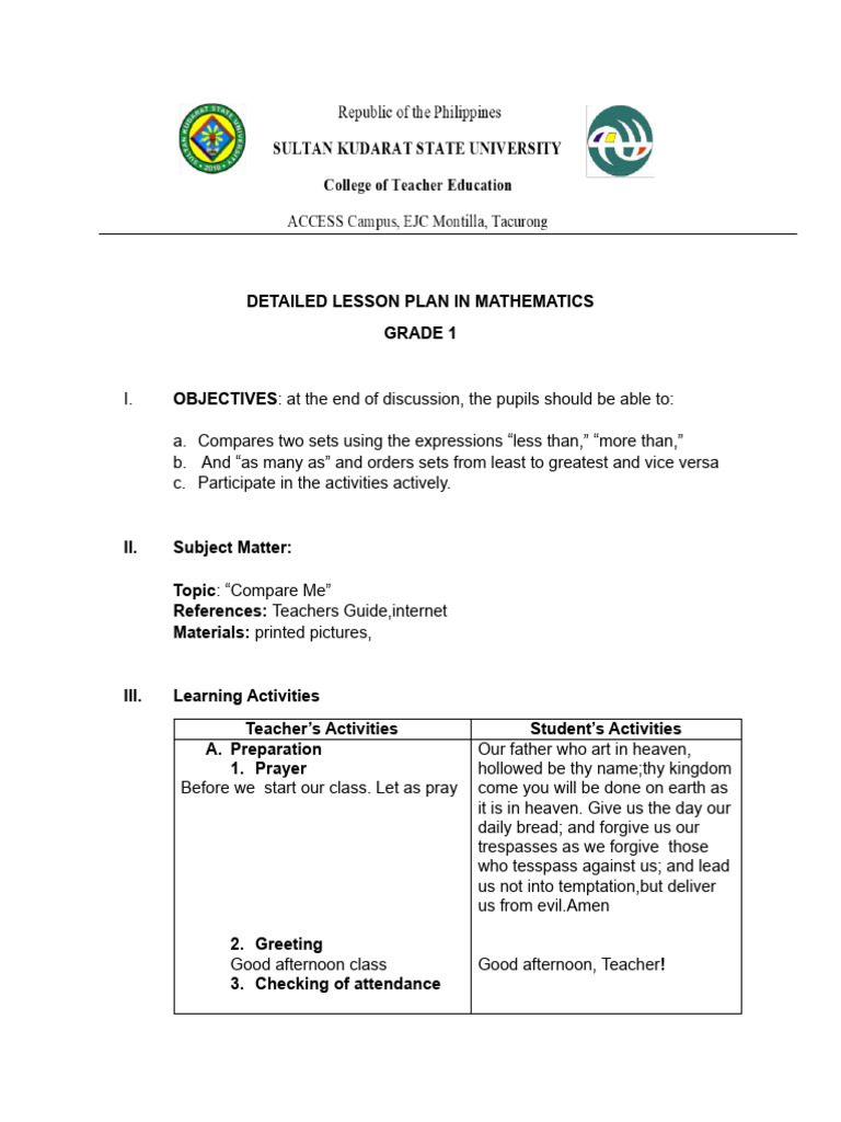 Grade 1 Math Lesson Plan: Comparing Sets | PDF | Lord's Prayer | Human ...