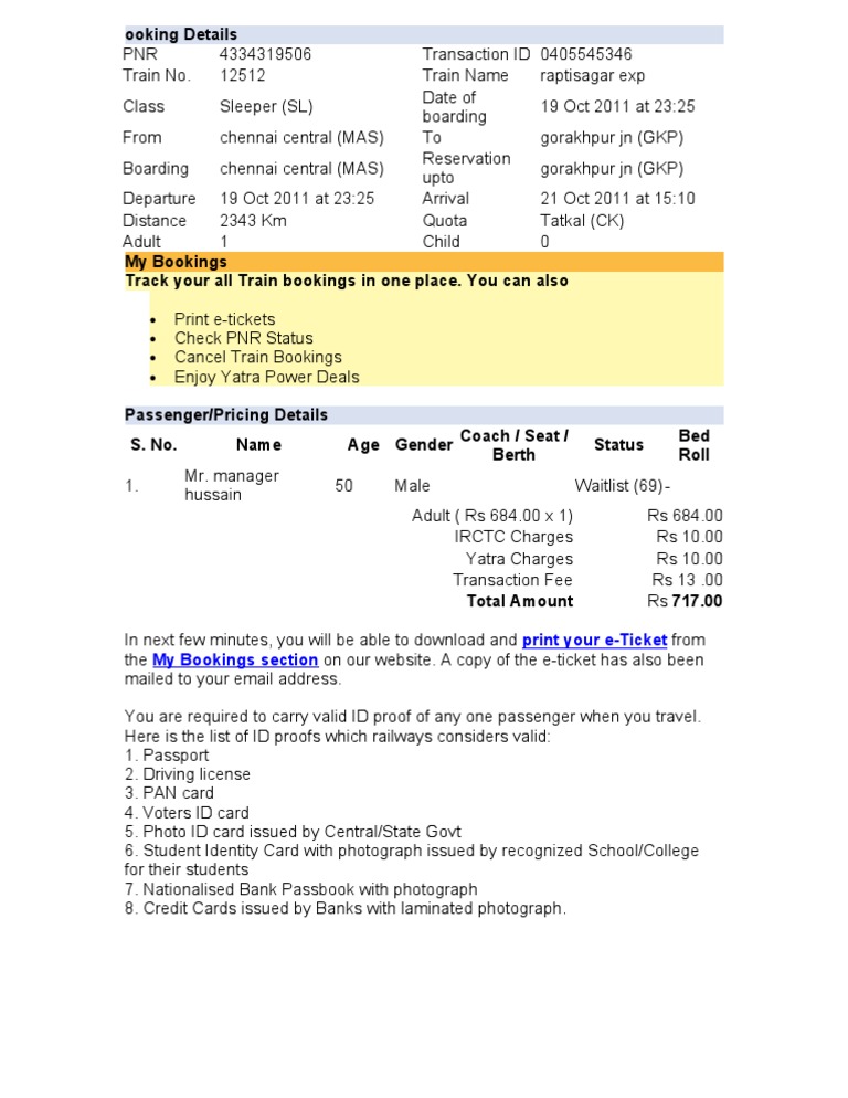 Train Ticket Details & Instructions | PDF