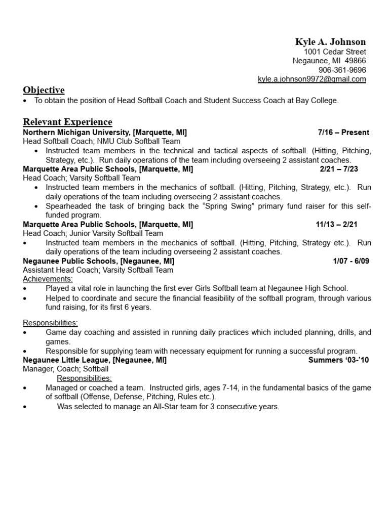 resume4sbjob at bay PDF Softball