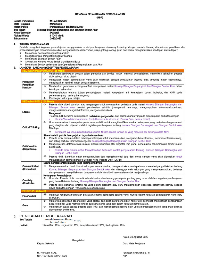 RPP Matematika Mts | PDF