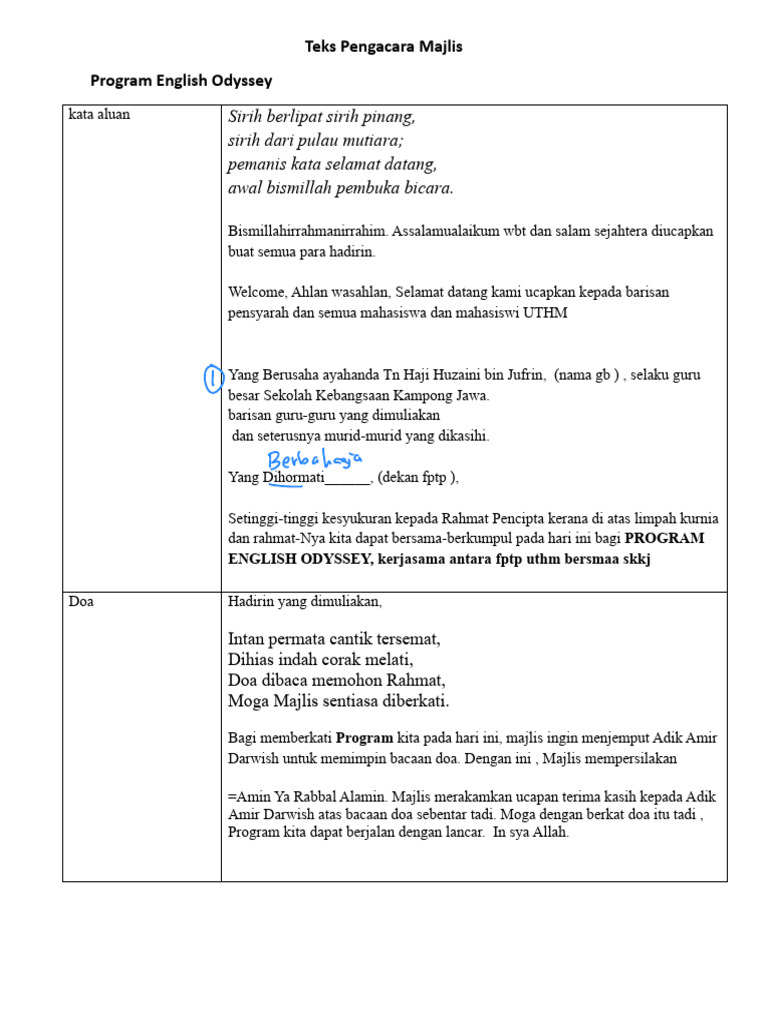Teks Pengacara Majlis English Odyssey | PDF