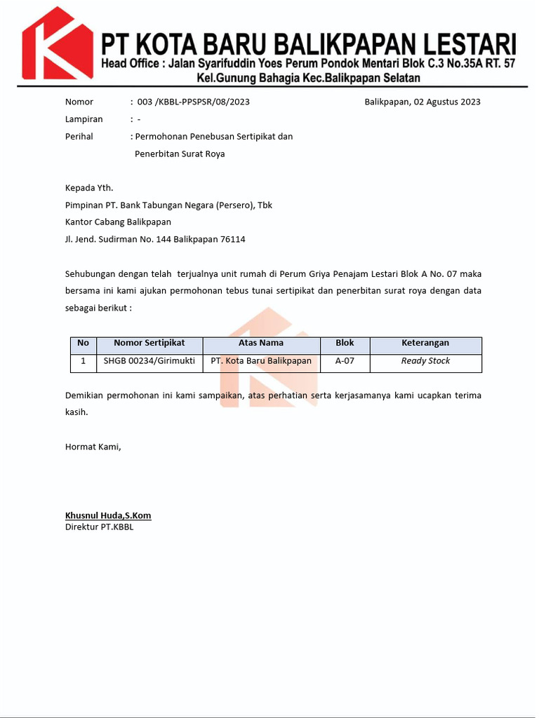 Permohonan Surat Roya BTN Balikpapan | PDF