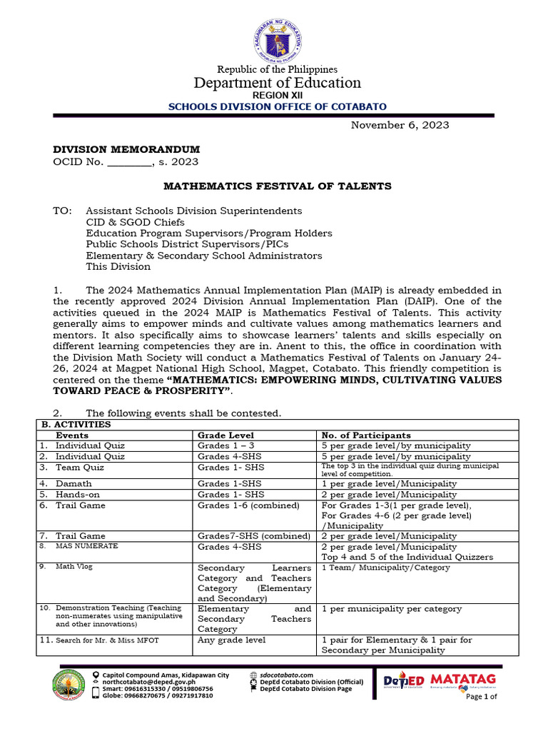 Mathematics Festival of Talents 2024 | PDF