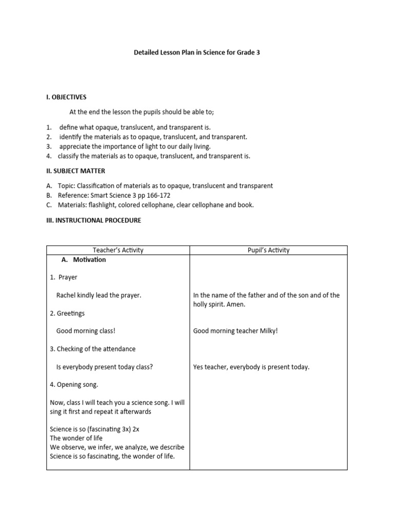 Grade 3 Science Lesson Plan: Light & Materials | PDF | Shadow | Light