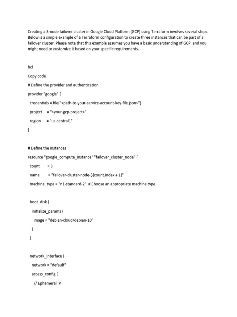 Terraform template to create 3 nodes failover cluster in google cloud