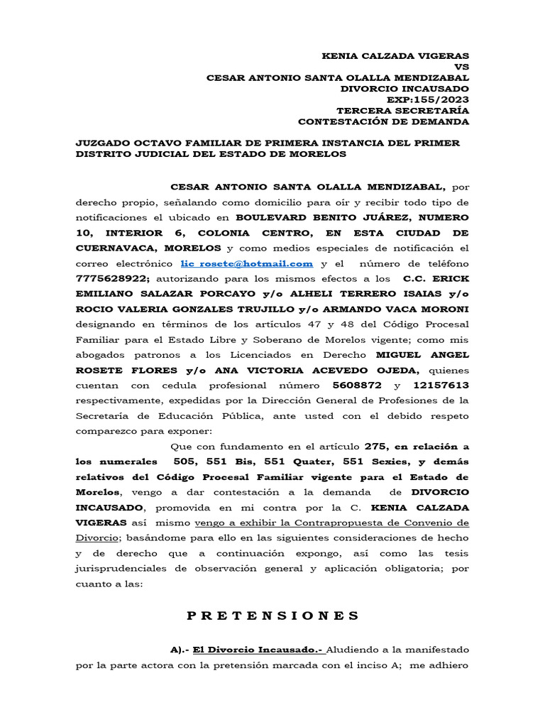 Contestacion Demanda Familiar | PDF | Demanda judicial | Divorcio