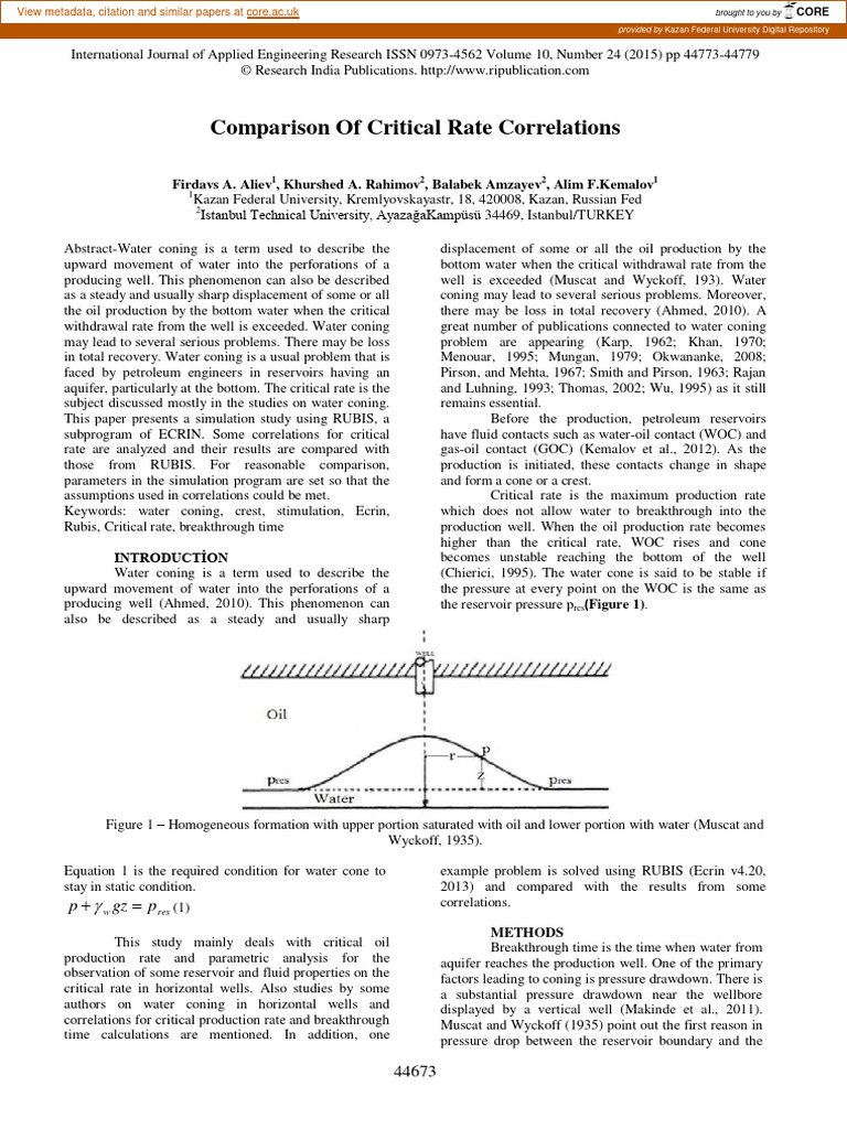 Critical Rate in Water Coning Analysis | PDF | Force | Petroleum Reservoir