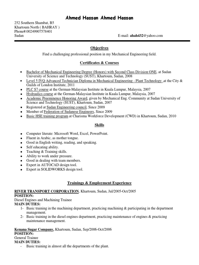 Ahmed Hassan Mech Eng CV | PDF | Sudan | Mechanical Engineering