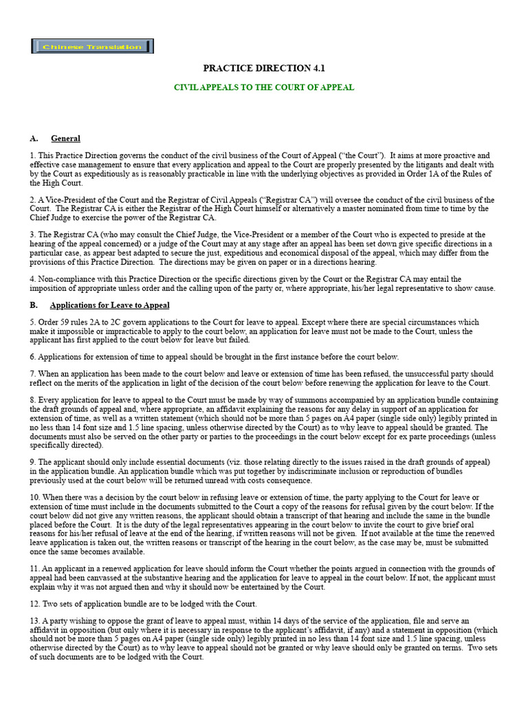 Practice Direction 4.1: Civil Appeals To The Court of Appeal | PDF ...