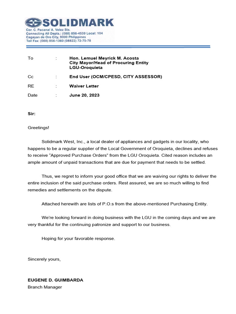 Waiver Letter City | PDF | Business | Service Industries