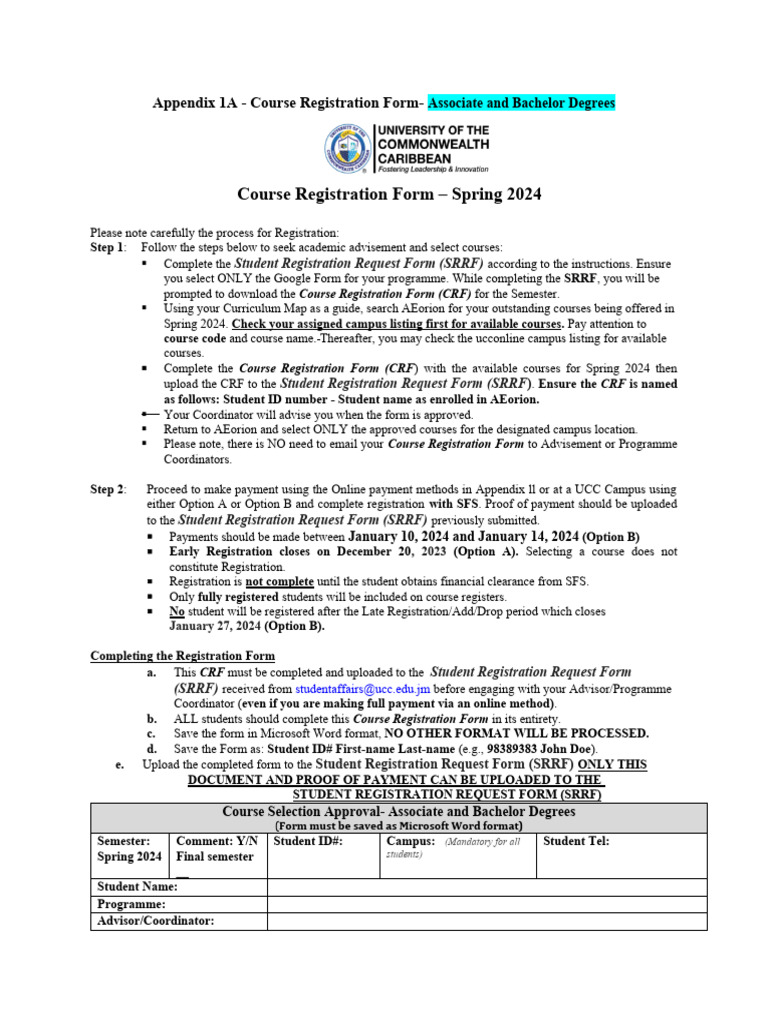 FormCourse Registration Form Associate & Bachelor Degrees, Oct 2019