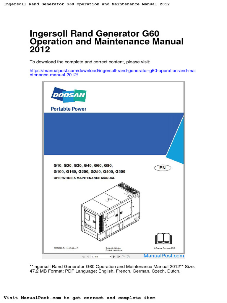 Ingersoll Rand Generator g60 Operation and Maintenance Manual 2012