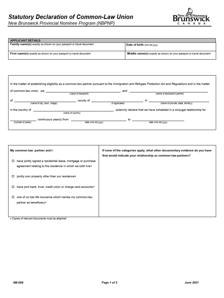 Statutory Declaration for Common-Law Union | PDF | Common Law | Justice