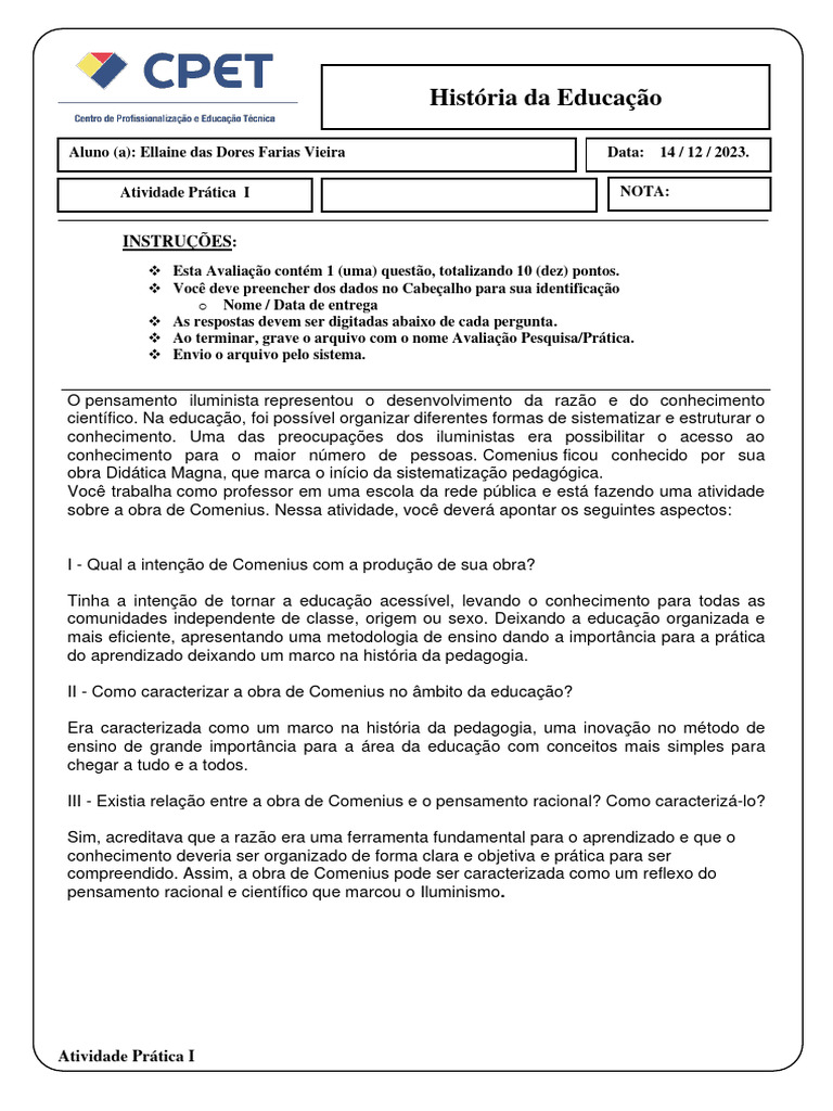 História Da Educação - Atividade Prática I | PDF