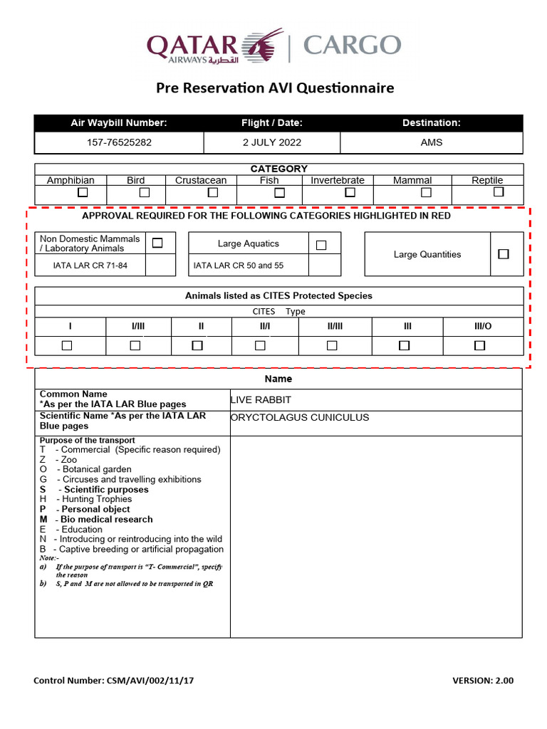 AVI Live Animal Transport Questionnaire | PDF | Organisms
