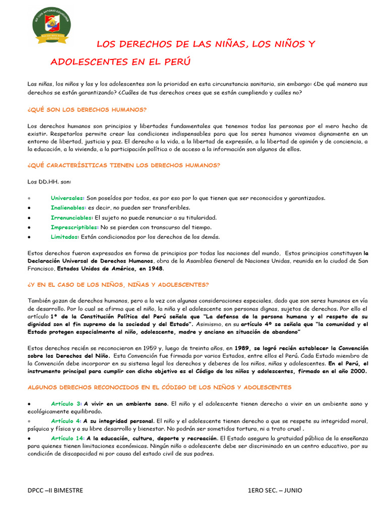 LOS DERECHOS DE LAS NIÑAS Y ADOLESCENTES - Junio | PDF | Derechos ...