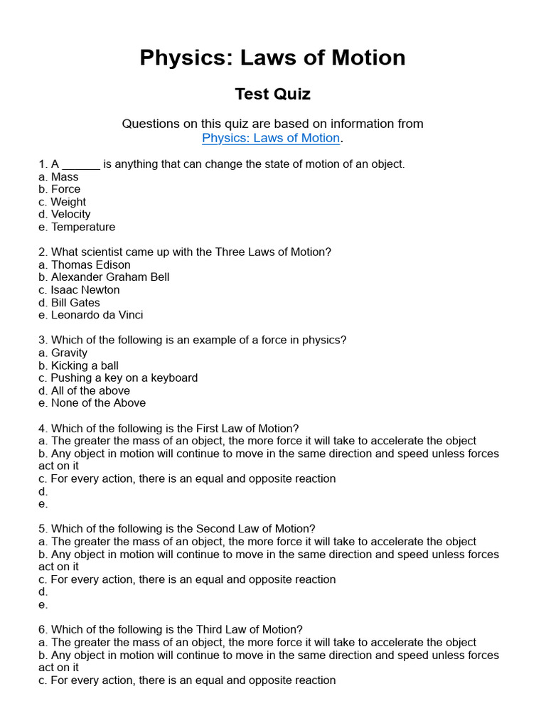 Laws of Motion quiz. PDF
