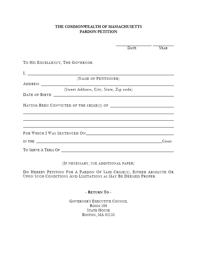 Massachusetts Pardon Petition Form | PDF | Pardon | Arrest