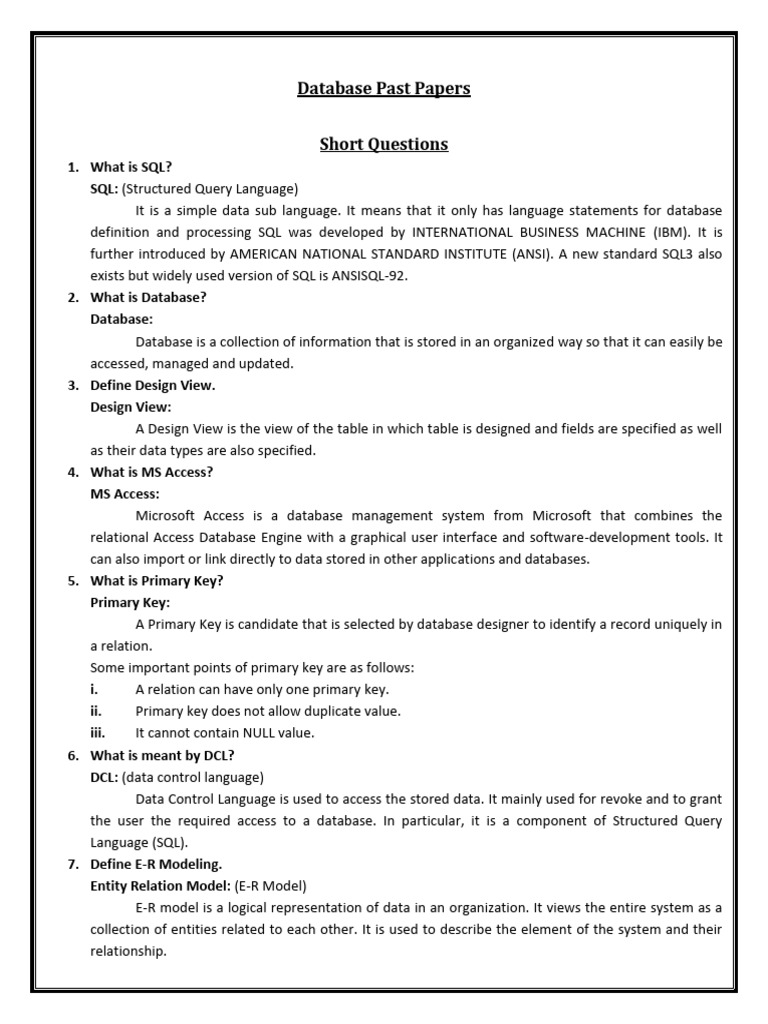 Database Past Paper Short Question | PDF | Relational Database ...