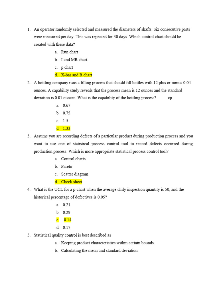 Sqc Model Exam Pdf Engineering Tolerance Business Process