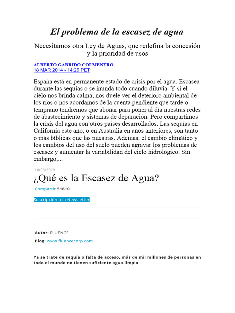 El Problema De La Escasez De Agua Pdf Agua Agua Subterránea
