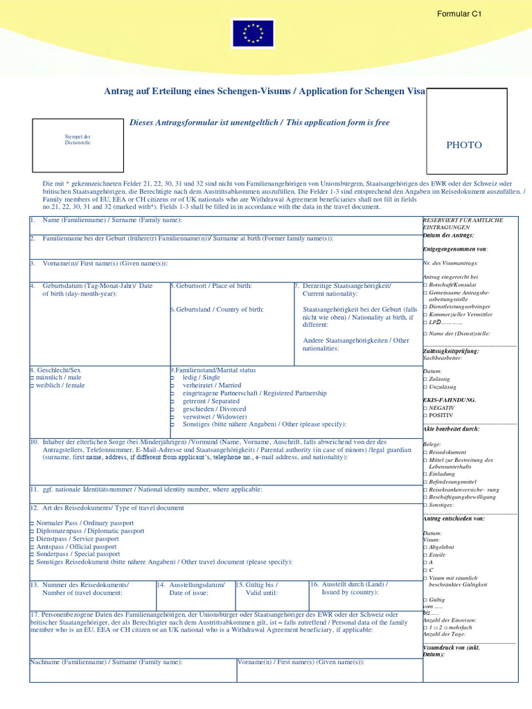 Form C1 - Antragsformular Schengenvisum De-Eng | PDF