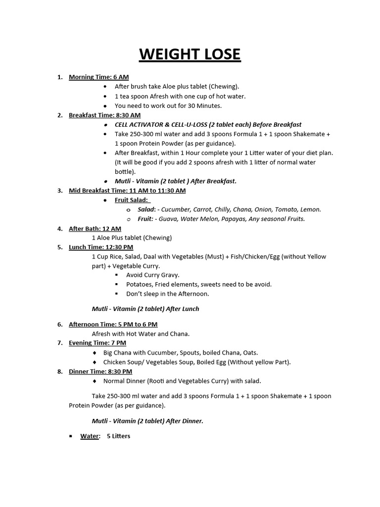 Weight Lose Diet Chart PDF