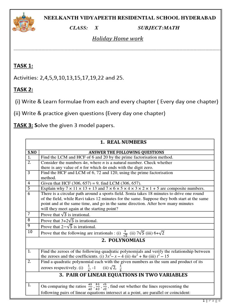 Class X Math Holiday Homework | PDF | Sphere | Circle