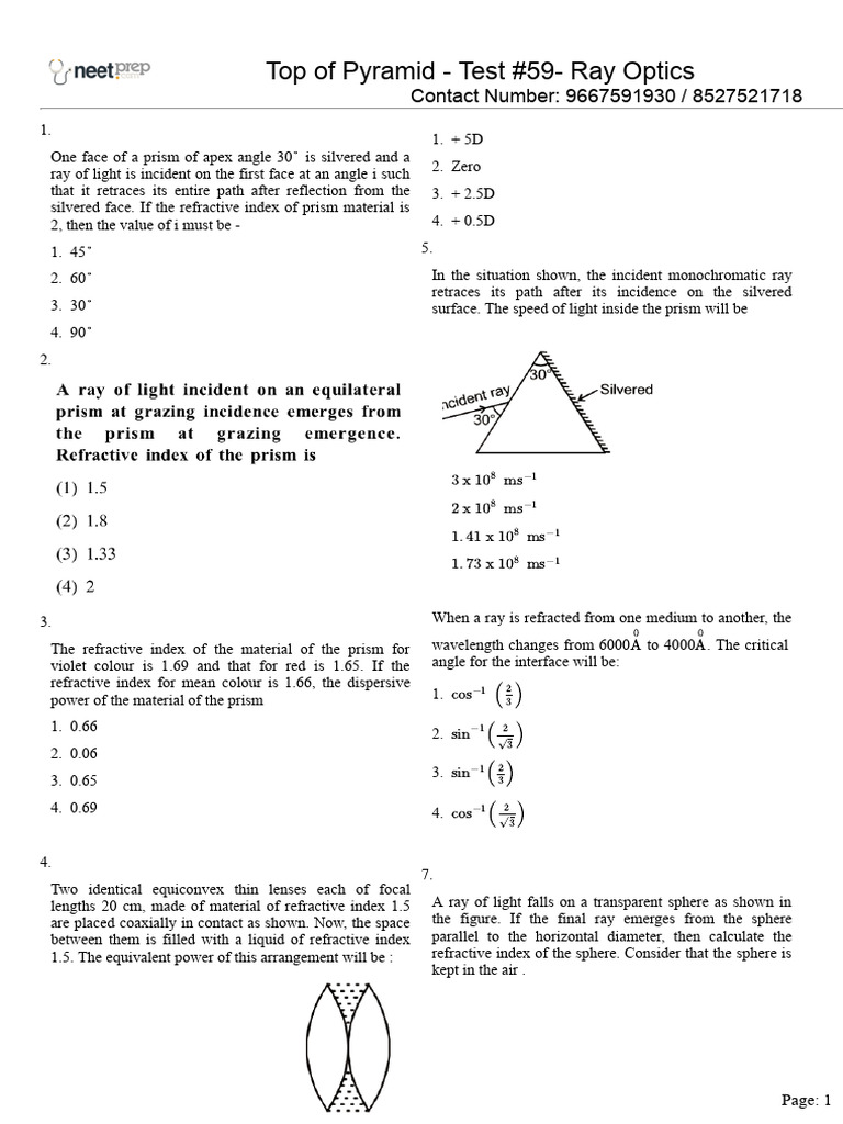 Test #59: Ray Optics Concepts | PDF | Optics | Refraction