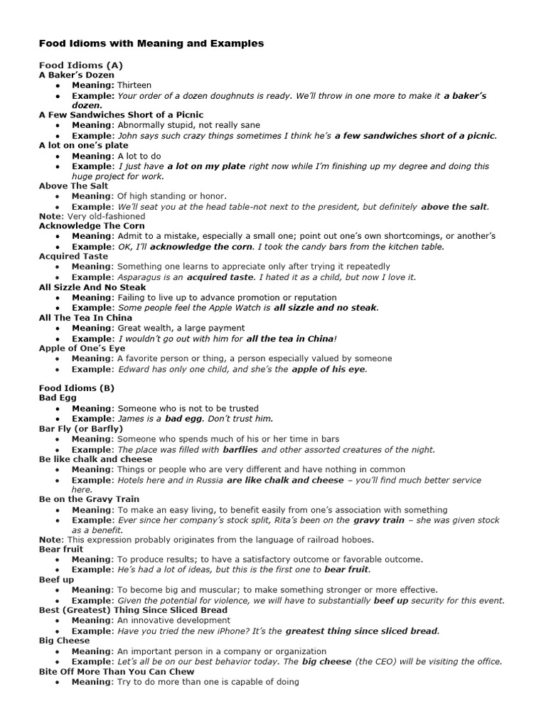 Food Idioms Pdf Lunch Foods
