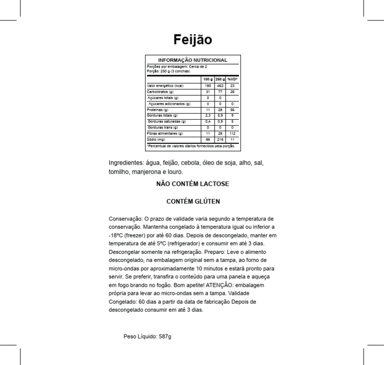 Tabela Nutricional Feijao