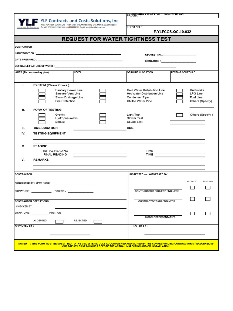 Water Tightness Test Request Form | PDF | Civil Engineering