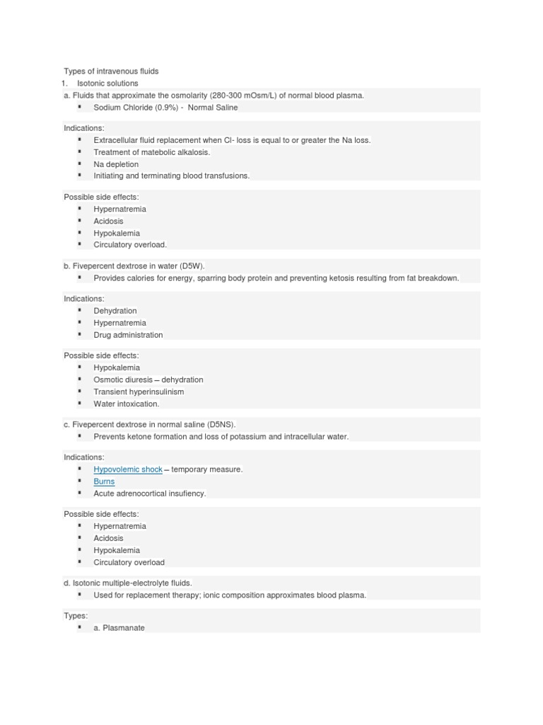 Types of Intravenous Fluids PDF Saline (Medicine) Dehydration