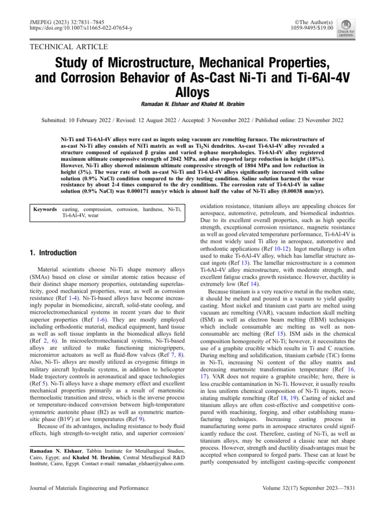 Study of Microstructure, Mechanical Properties, and Corrosion Behavior of AsCast NiTi and Ti